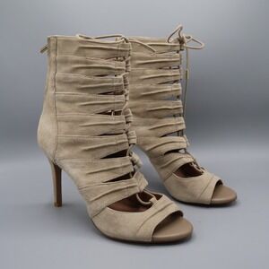 Joie Anja Open‎ Toe Suede Lace Up Stiletto Heel Booties Womens 9.5 Beige Boho